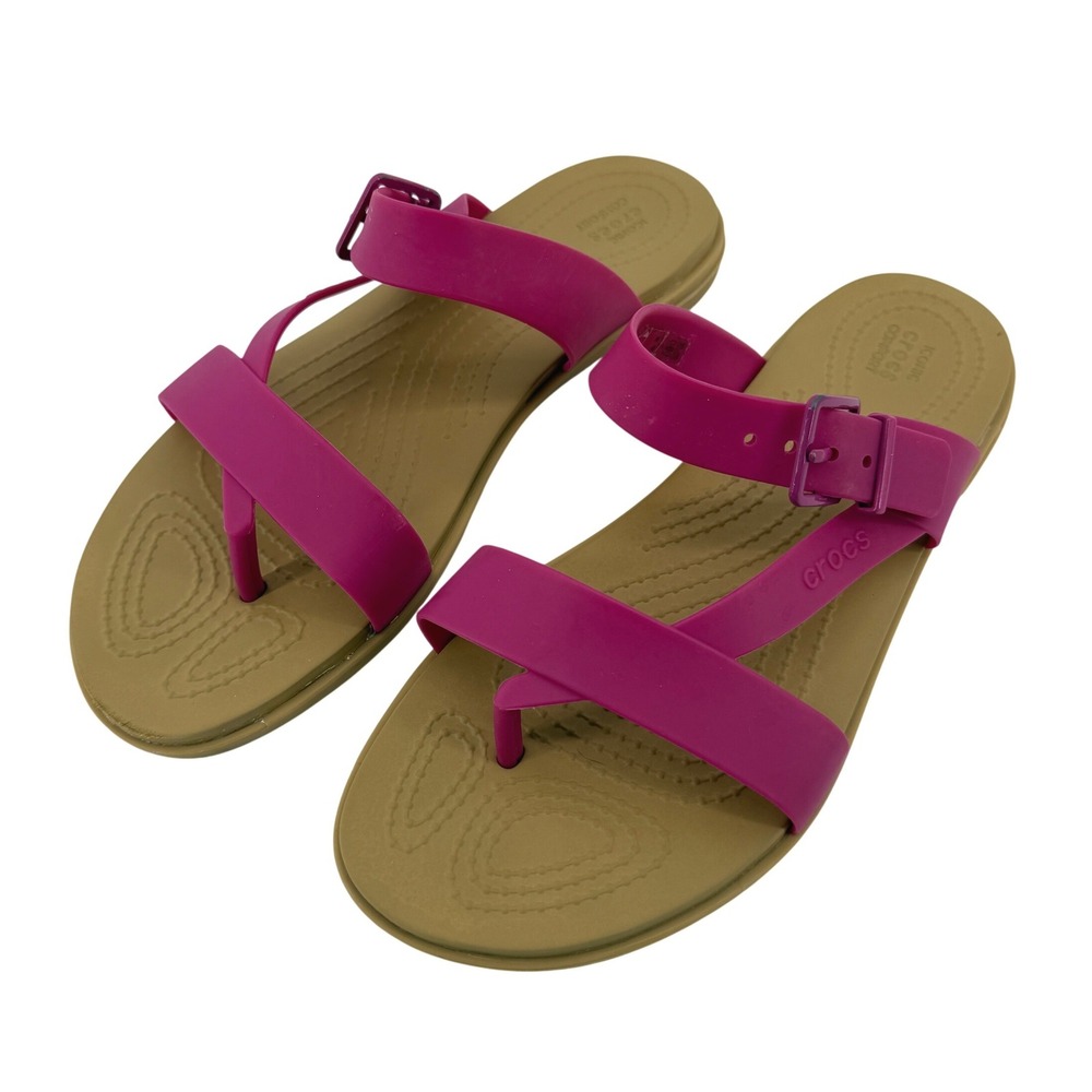 Crocs Tulum Toe Post Sandal Flip Flop Fuchsia Pink Tan Women 7 Buckle Straps